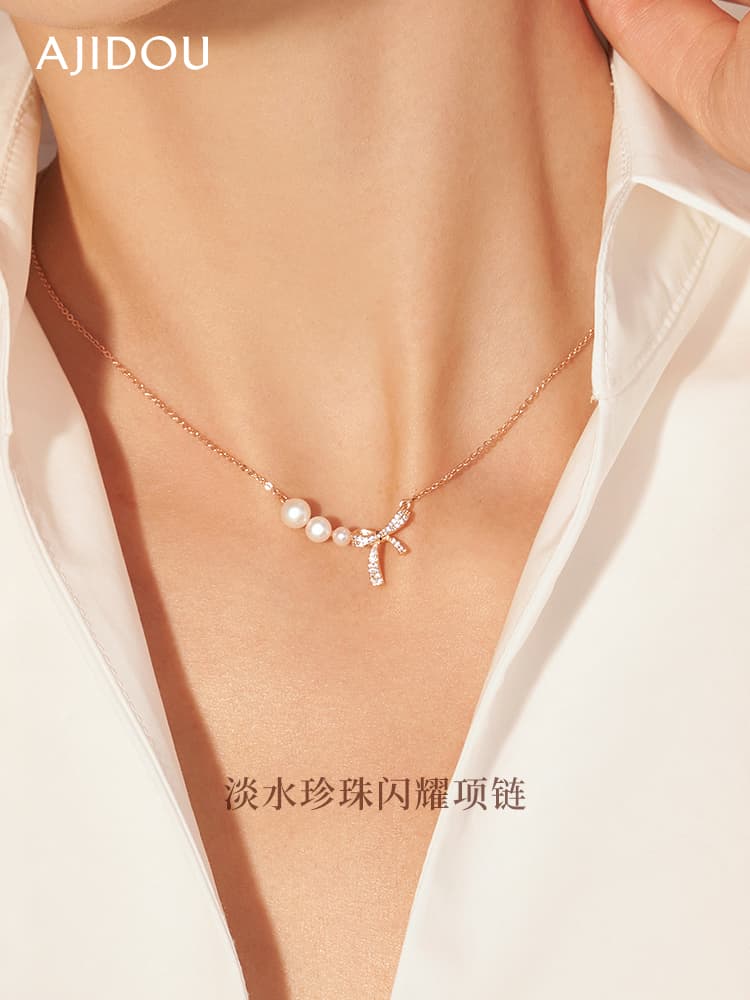 華やぐ真珠とリボンの首飾り パワーストーン アクセサリー