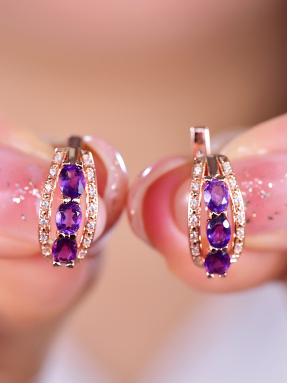神秘の紫水晶 三粒輝きフープ パワーストーン アクセサリー