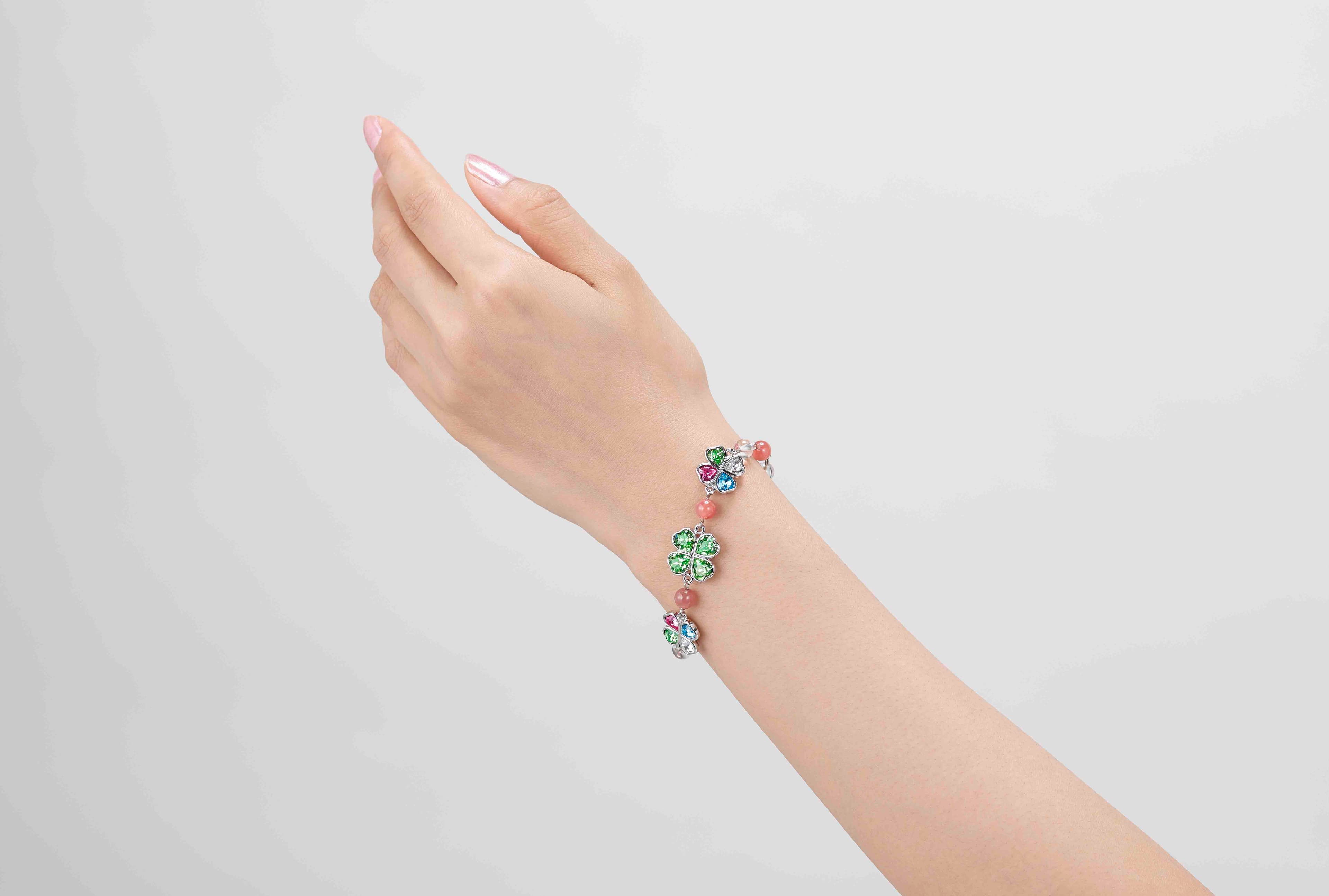 四つ葉の幸運パワーストーンブレスレット パワーストーン アクセサリー (水晶,インカローズ)